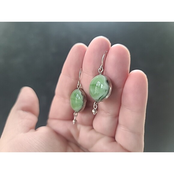 925 Sterling Silver Green Glass Pierced Dangling Beaded Earrings Vintage - Picture 3 of 10